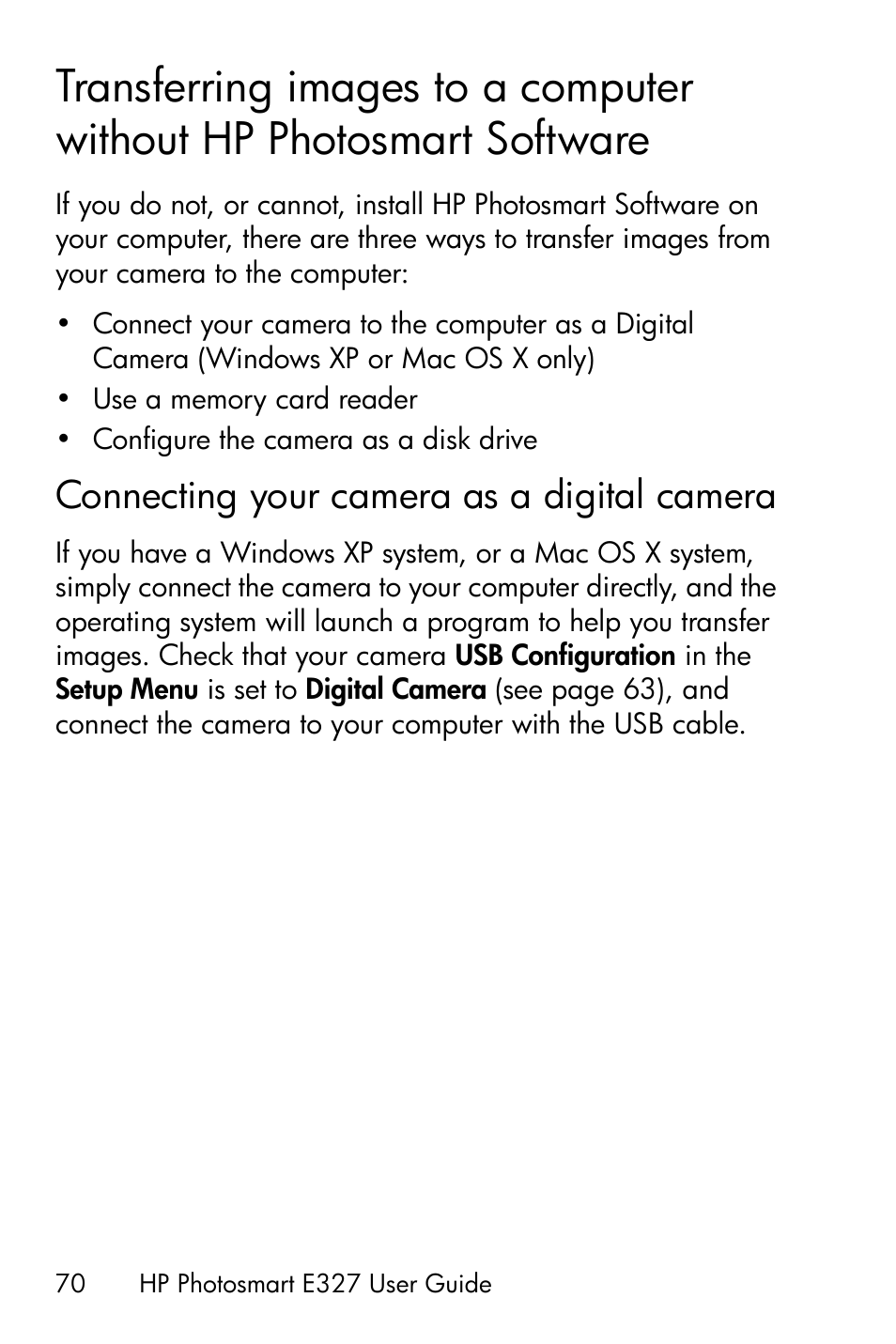 Connecting your camera as a digital camera, Transferring images to a computer without, Hp photosmart software | Connecting your camera as a digital camera 70 | HP Photosmart E327 User Manual | Page 70 / 130