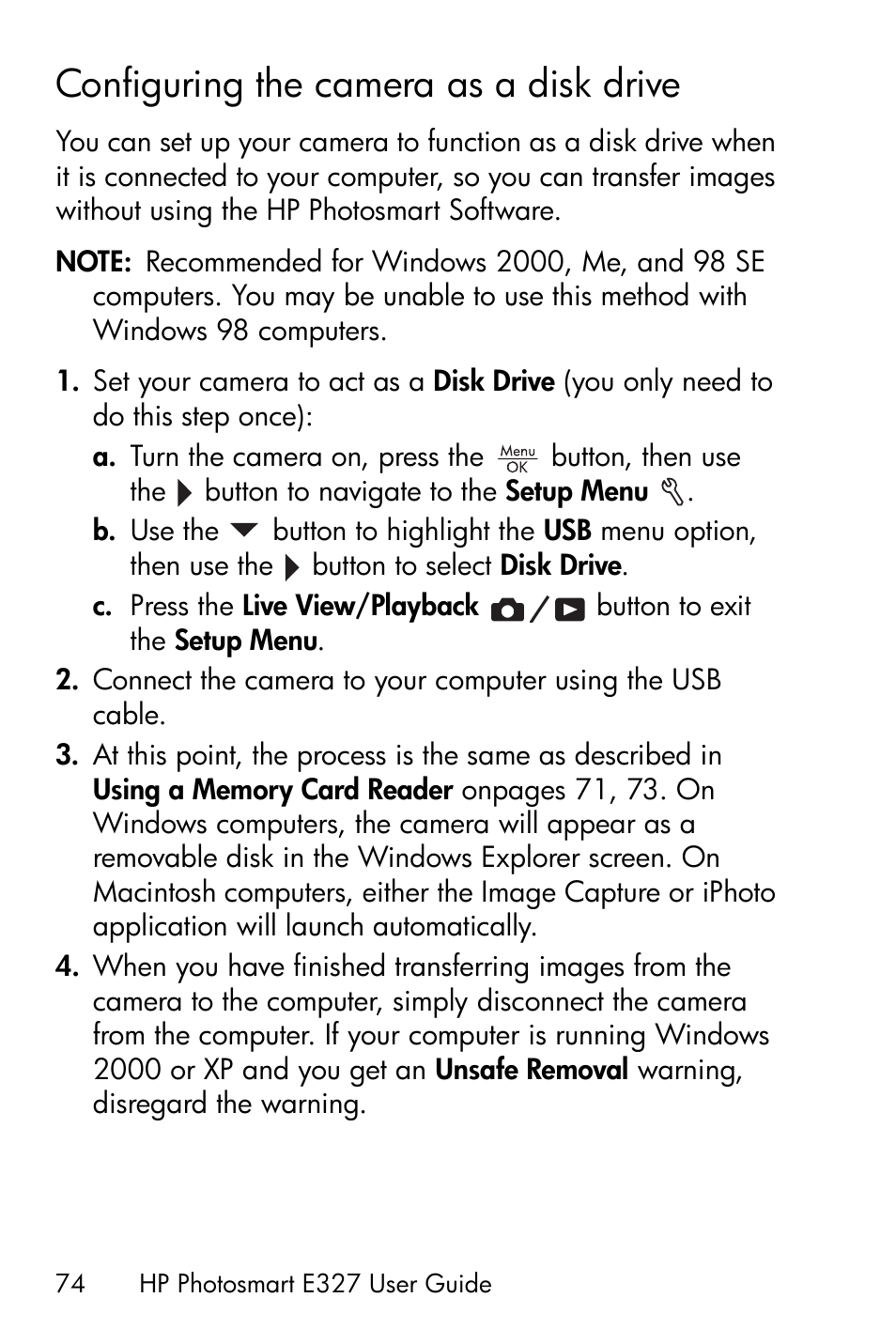 Configuring the camera as a disk drive | HP Photosmart E327 User Manual | Page 74 / 130