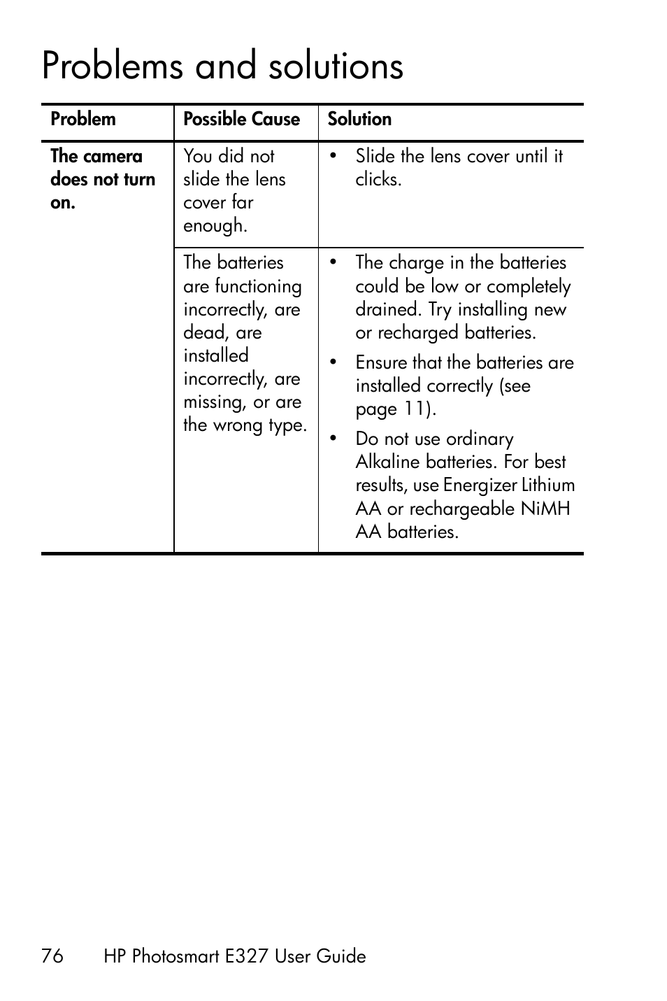 Problems and solutions | HP Photosmart E327 User Manual | Page 76 / 130