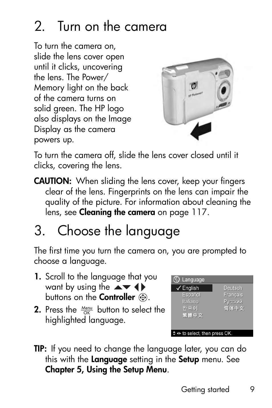 Turn on the camera, Choose the language, 2 turn on the camera | 3 choose the language | HP Photosmart E327 User Manual | Page 9 / 130