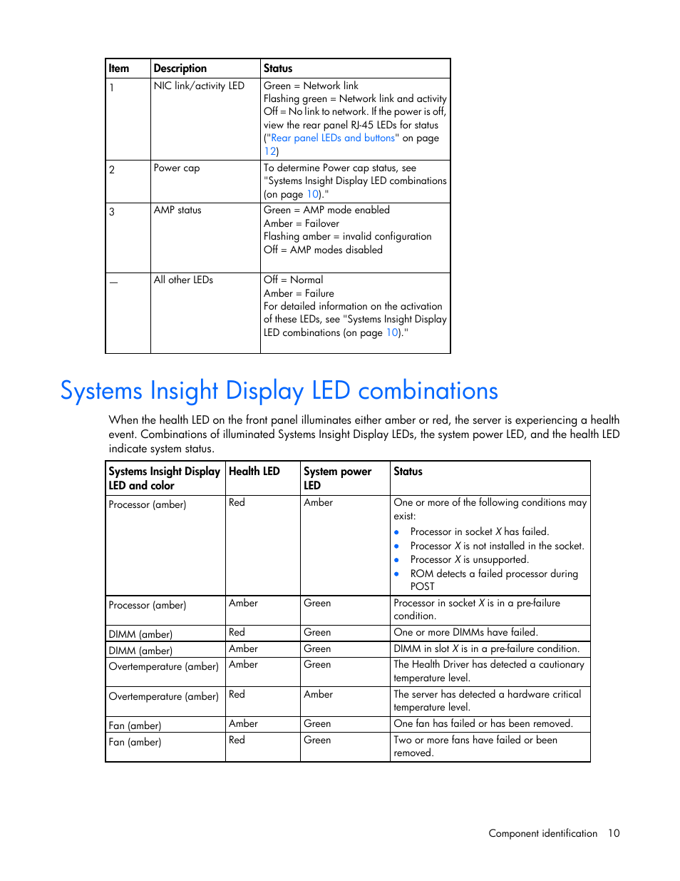 Systems insight display led combinations | HP DL380 G7 User Manual | Page 10 / 126