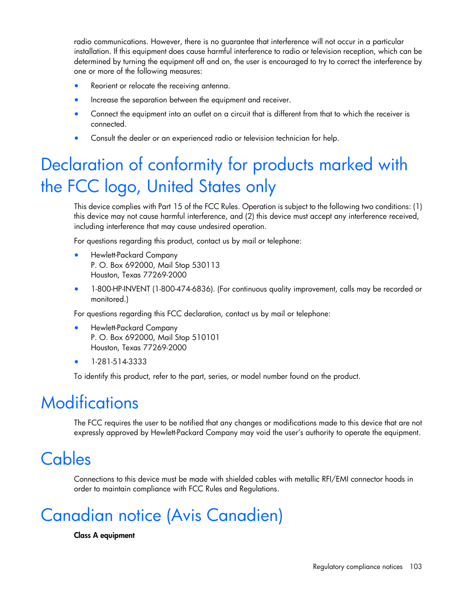 Modifications, Cables, Canadian notice (avis canadien) | HP DL380 G7 User Manual | Page 103 / 126