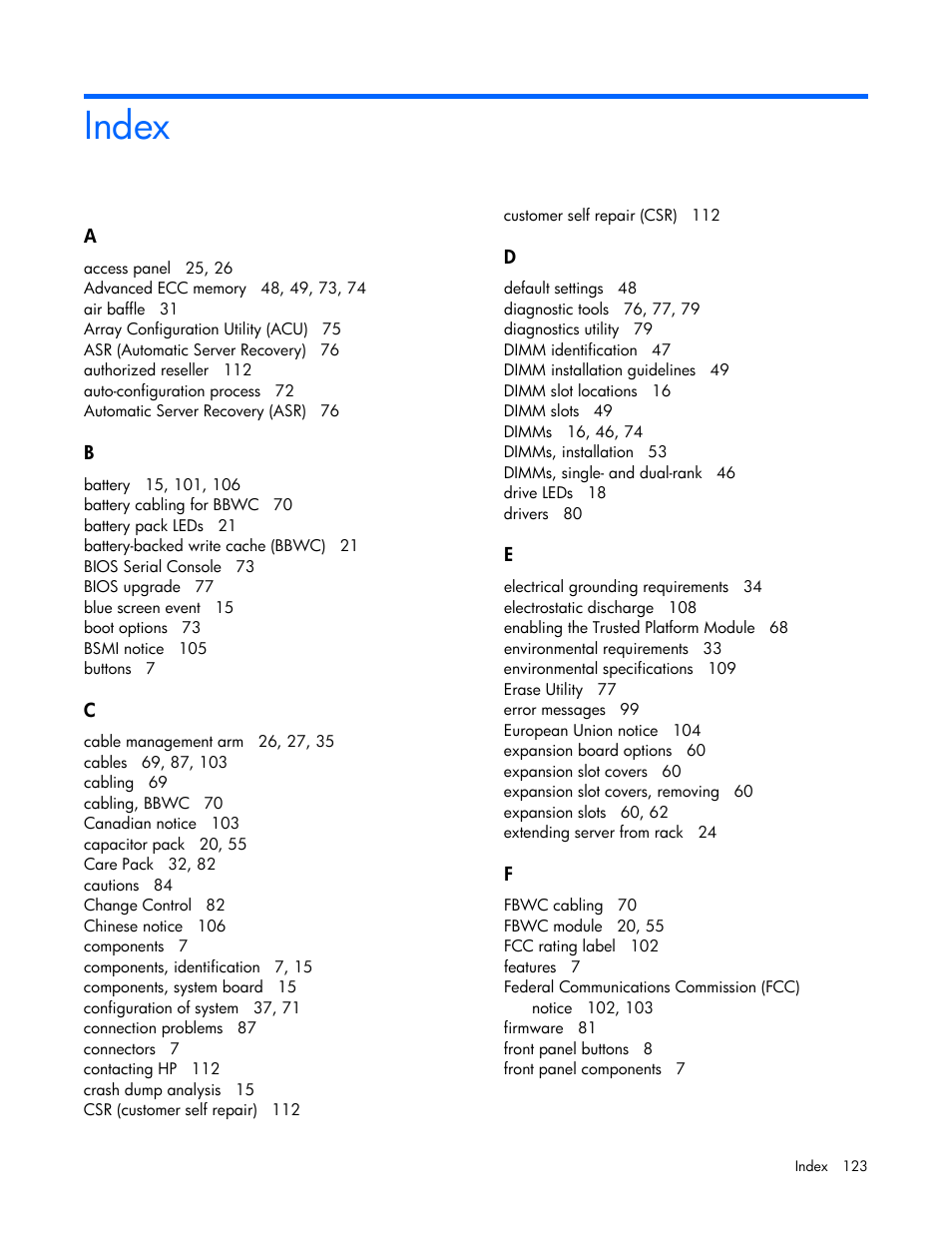 Index | HP DL380 G7 User Manual | Page 123 / 126