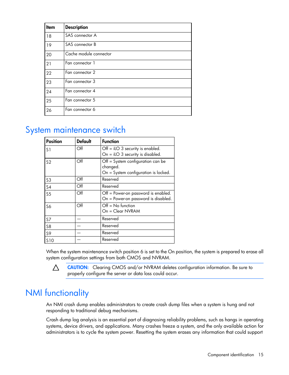 System maintenance switch, Nmi functionality | HP DL380 G7 User Manual | Page 15 / 126