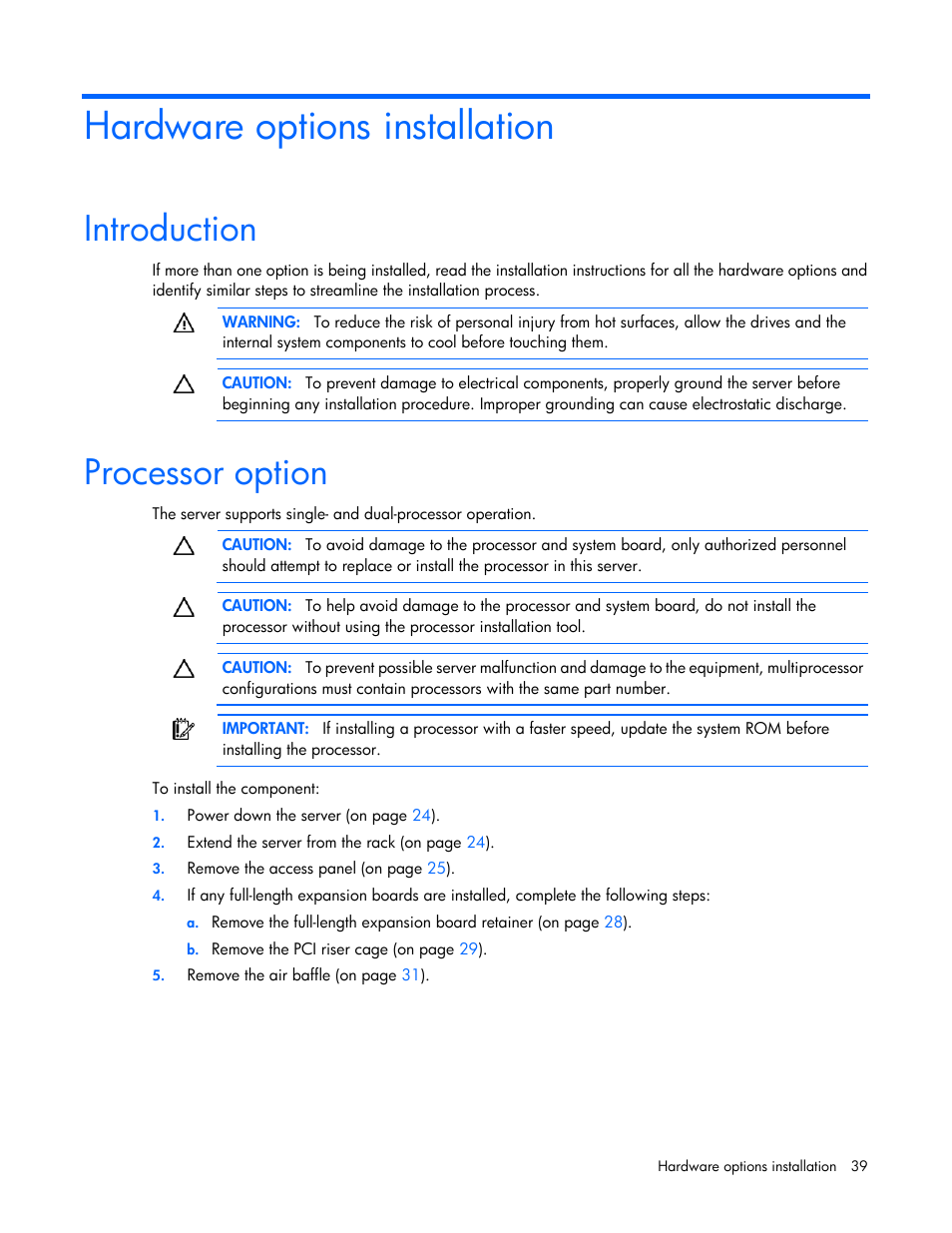Hardware options installation, Introduction, Processor option | HP DL380 G7 User Manual | Page 39 / 126