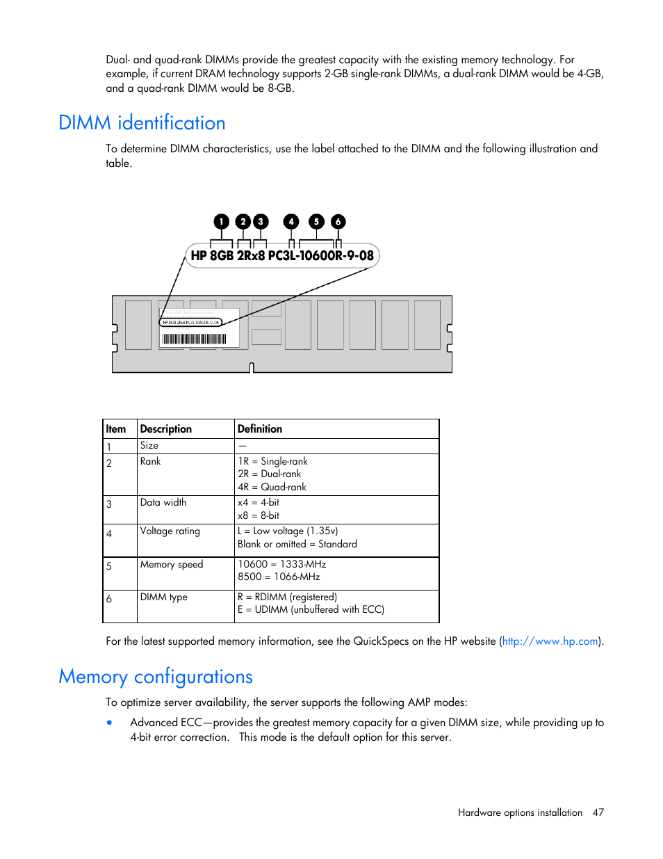 Dimm identification, Memory configurations | HP DL380 G7 User Manual | Page 47 / 126