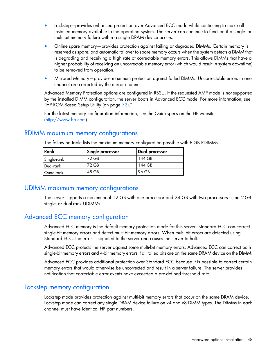 Rdimm maximum memory configurations, Udimm maximum memory configurations, Advanced ecc memory configuration | Lockstep memory configuration | HP DL380 G7 User Manual | Page 48 / 126