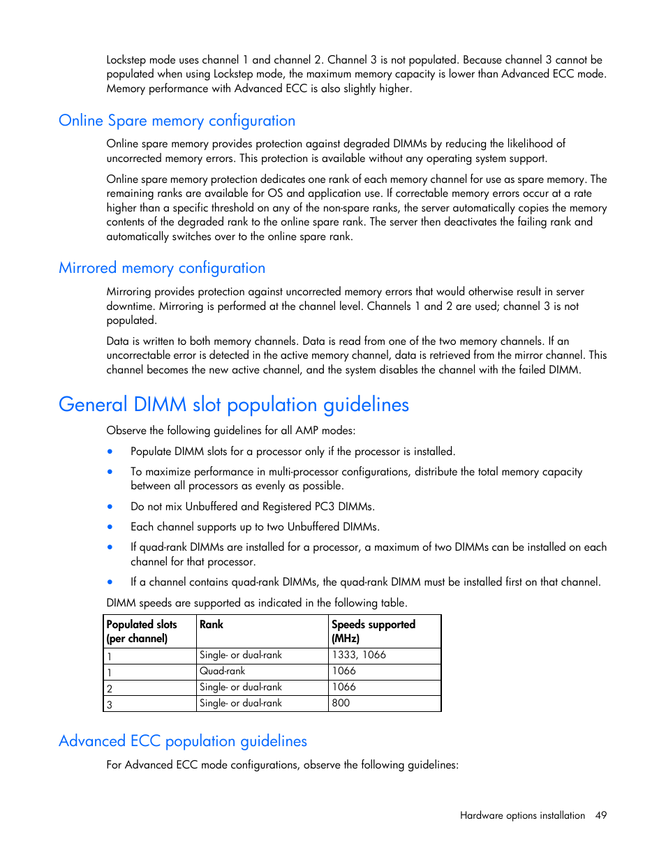 Online spare memory configuration, Mirrored memory configuration, General dimm slot population guidelines | Advanced ecc population guidelines | HP DL380 G7 User Manual | Page 49 / 126