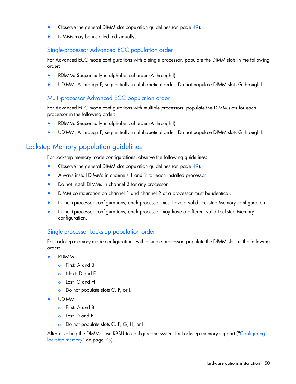 Single-processor advanced ecc population order, Multi-processor advanced ecc population order, Lockstep memory population guidelines | Single-processor lockstep population order | HP DL380 G7 User Manual | Page 50 / 126