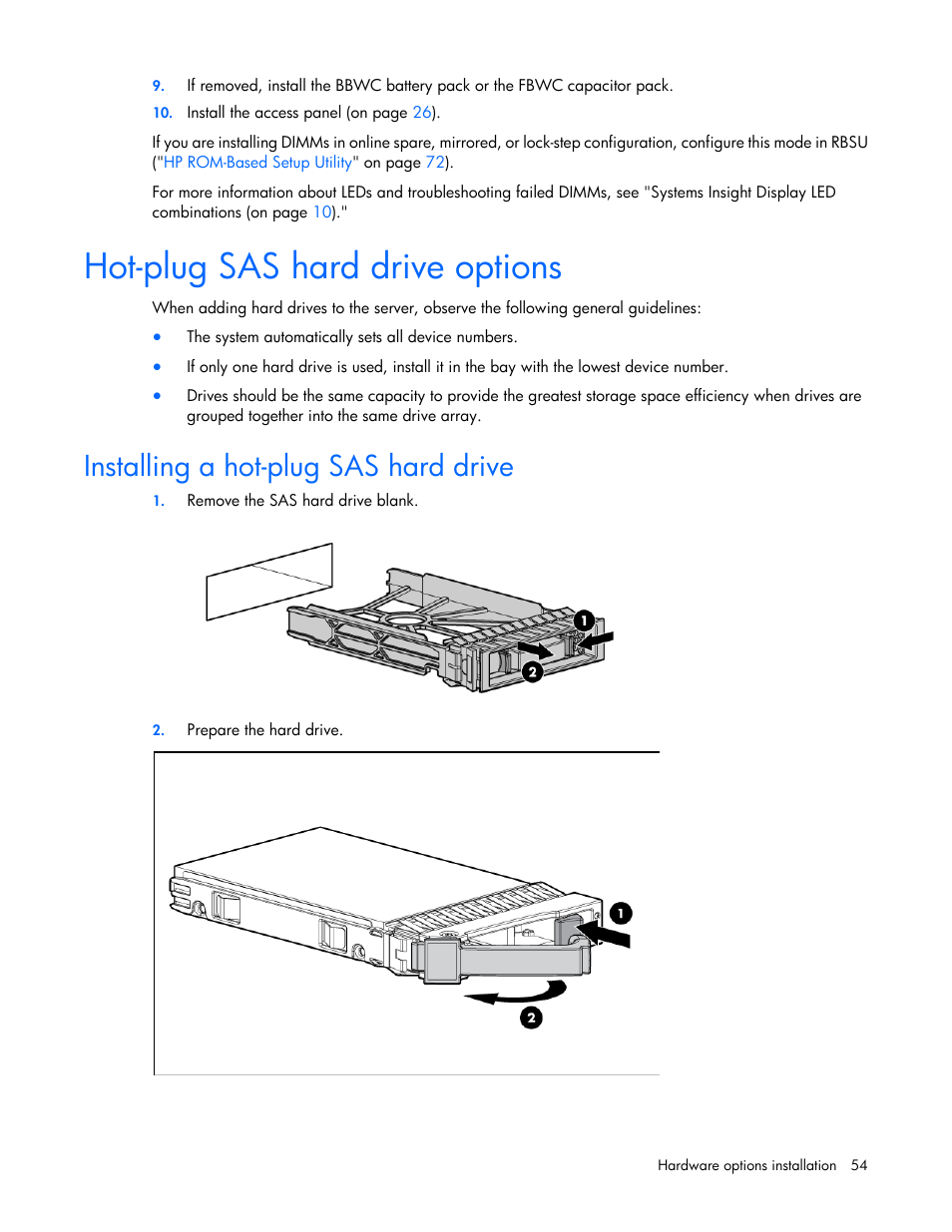 Hot-plug sas hard drive options, Installing a hot-plug sas hard drive | HP DL380 G7 User Manual | Page 54 / 126