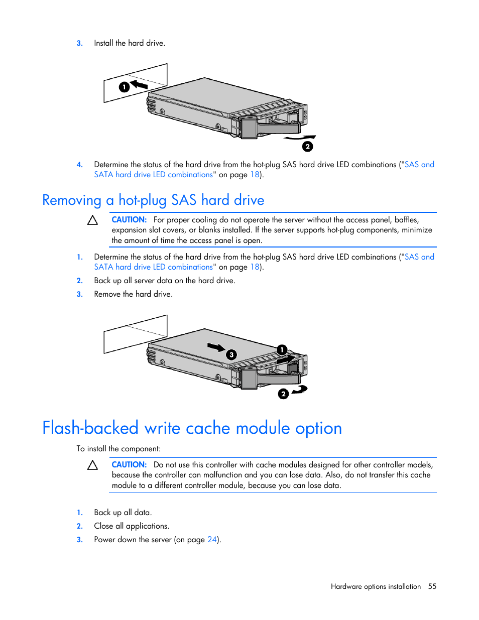 Removing a hot-plug sas hard drive, Flash-backed write cache module option | HP DL380 G7 User Manual | Page 55 / 126