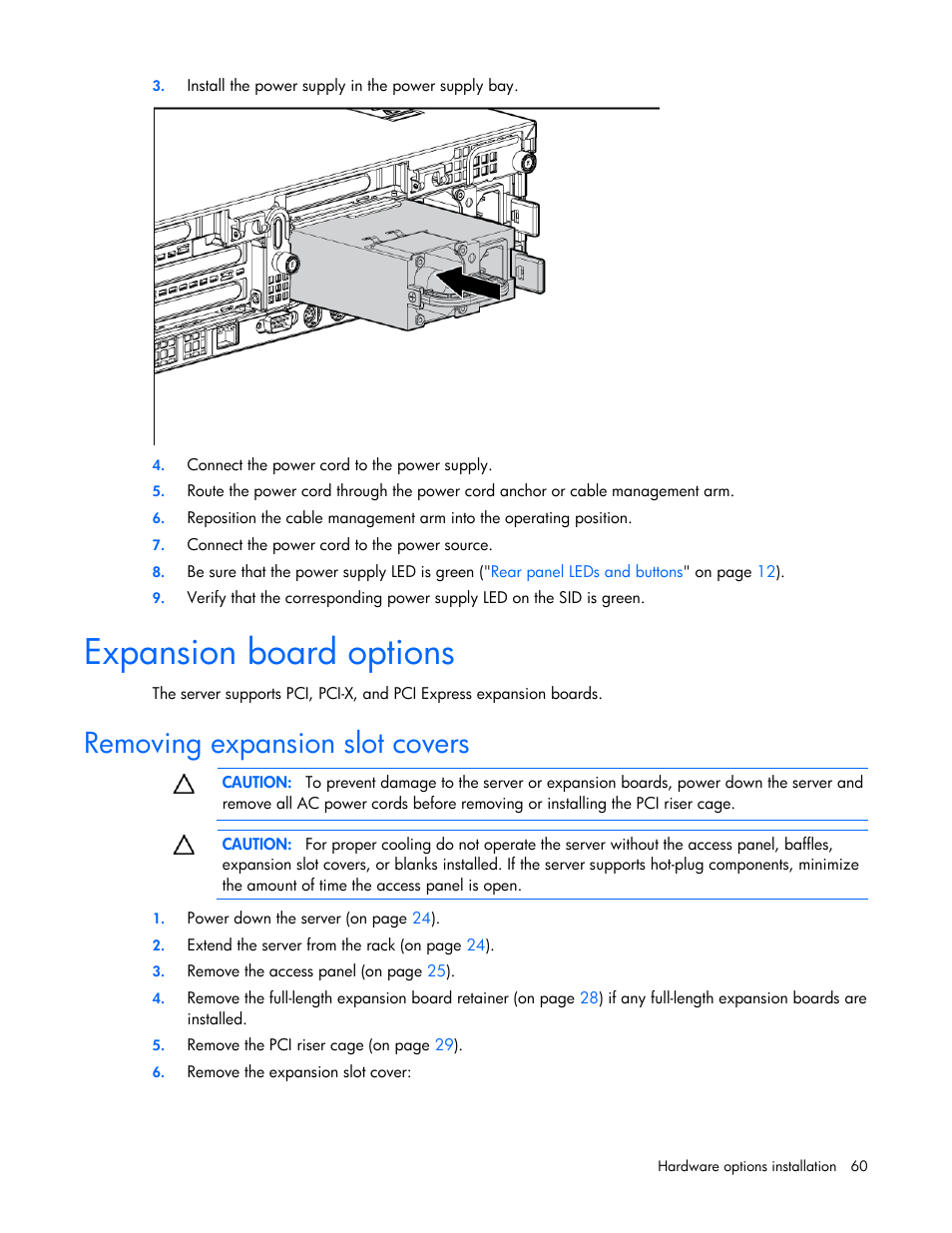 Expansion board options, Removing expansion slot covers | HP DL380 G7 User Manual | Page 60 / 126