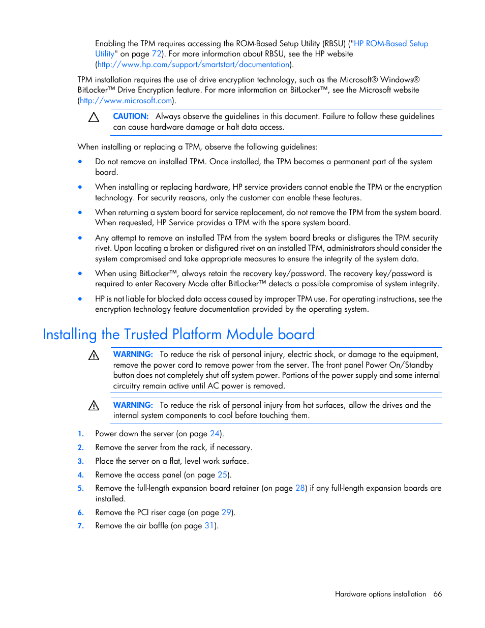 Installing the trusted platform module board | HP DL380 G7 User Manual | Page 66 / 126