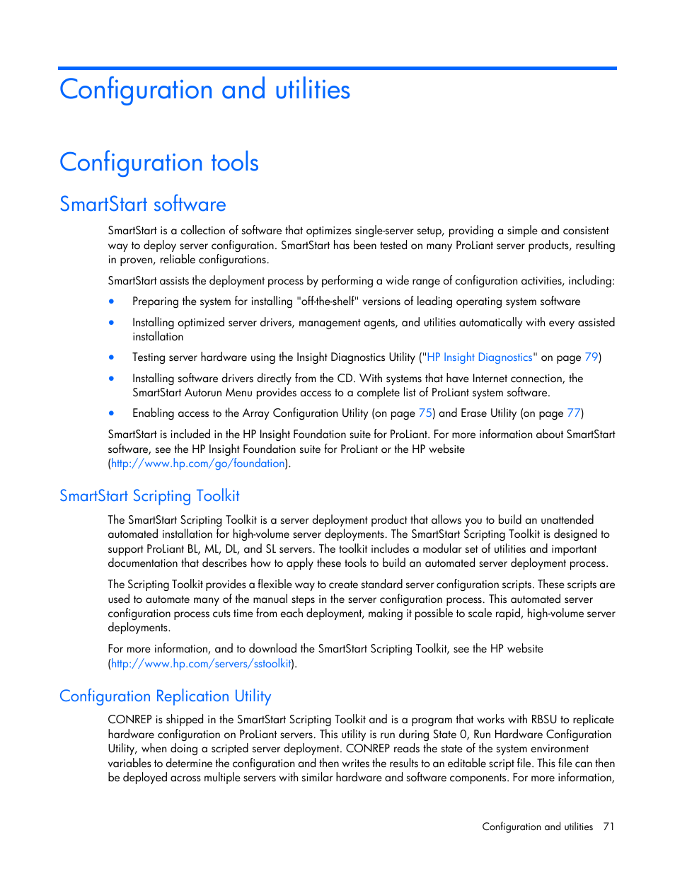 Configuration and utilities, Configuration tools, Smartstart software | Smartstart scripting toolkit, Configuration replication utility | HP DL380 G7 User Manual | Page 71 / 126