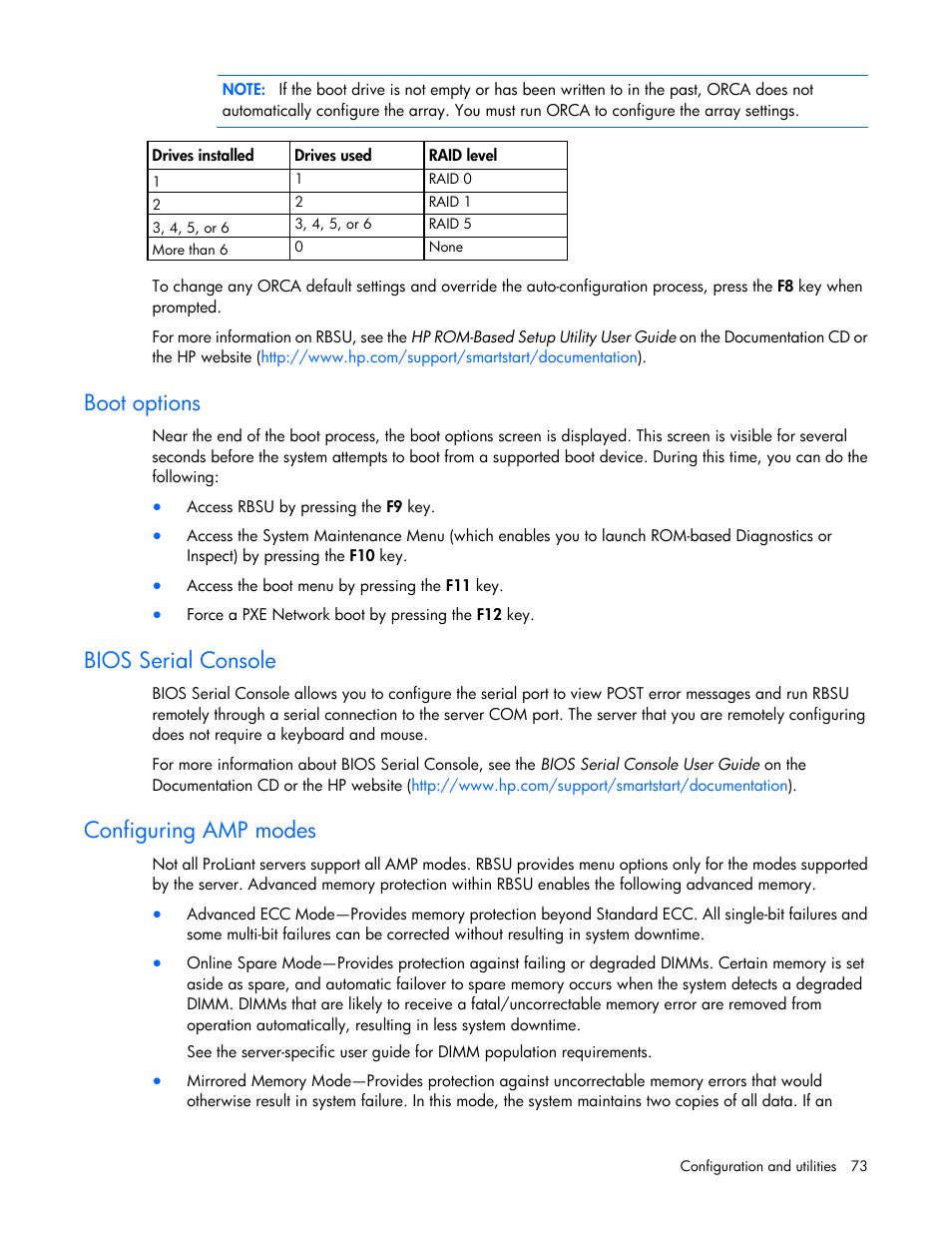 Boot options, Bios serial console, Configuring amp modes | HP DL380 G7 User Manual | Page 73 / 126