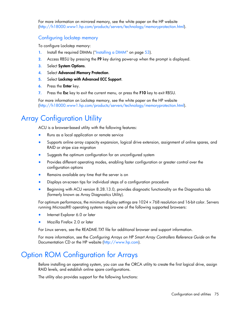 Configuring lockstep memory, Array configuration utility, Option rom configuration for arrays | Configuring, Lockstep memory | HP DL380 G7 User Manual | Page 75 / 126