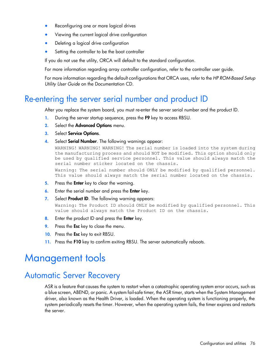 Management tools, Automatic server recovery | HP DL380 G7 User Manual | Page 76 / 126