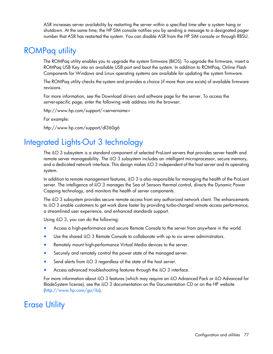 Rompaq utility, Integrated lights-out 3 technology, Erase utility | HP DL380 G7 User Manual | Page 77 / 126