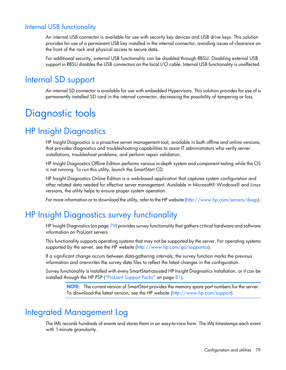 Internal usb functionality, Internal sd support, Diagnostic tools | Hp insight diagnostics, Hp insight diagnostics survey functionality, Integrated management log | HP DL380 G7 User Manual | Page 79 / 126