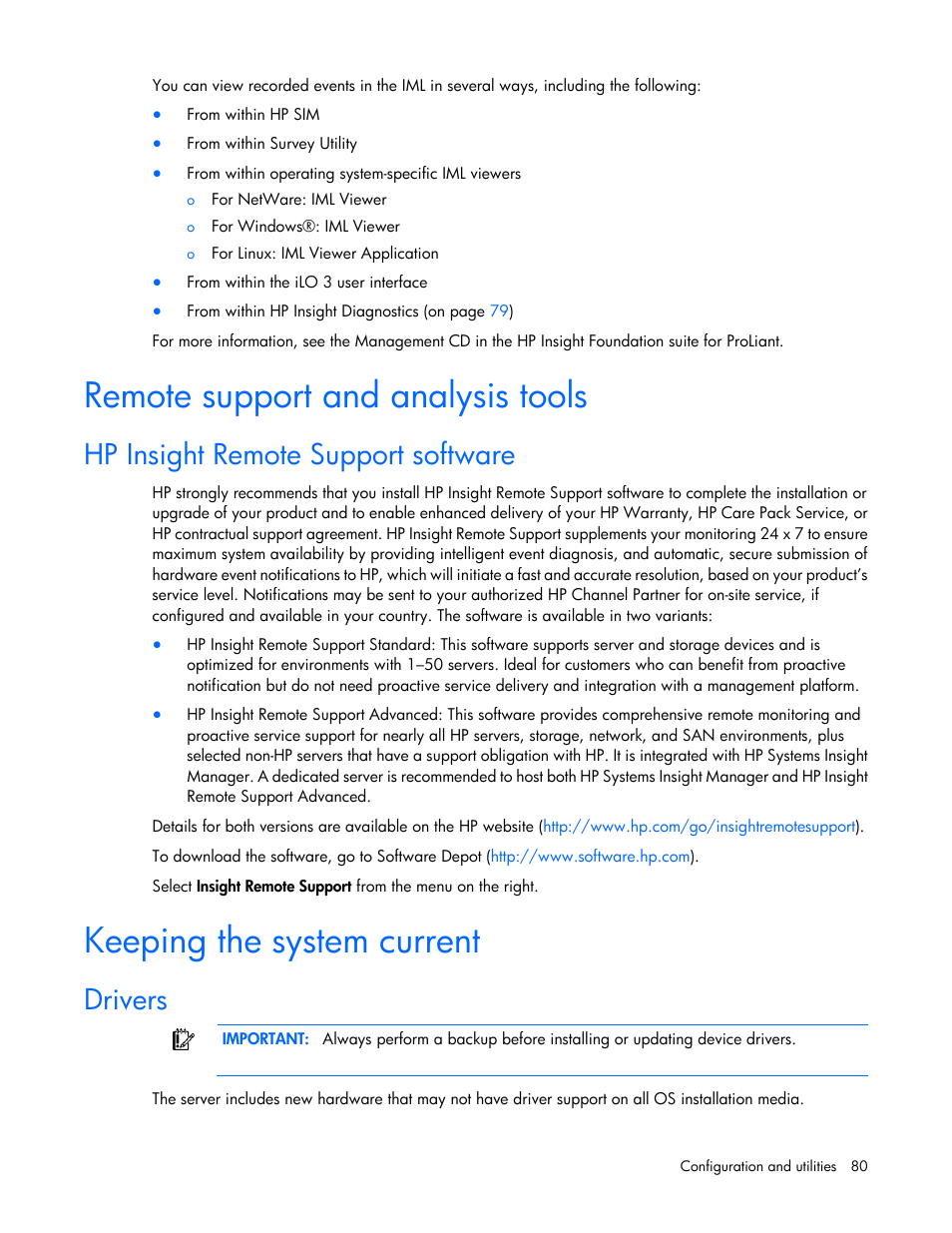 Remote support and analysis tools, Hp insight remote support software, Keeping the system current | Drivers | HP DL380 G7 User Manual | Page 80 / 126