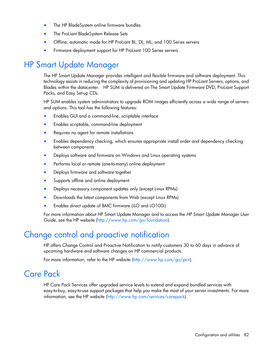 Hp smart update manager, Change control and proactive notification, Care pack | HP DL380 G7 User Manual | Page 82 / 126
