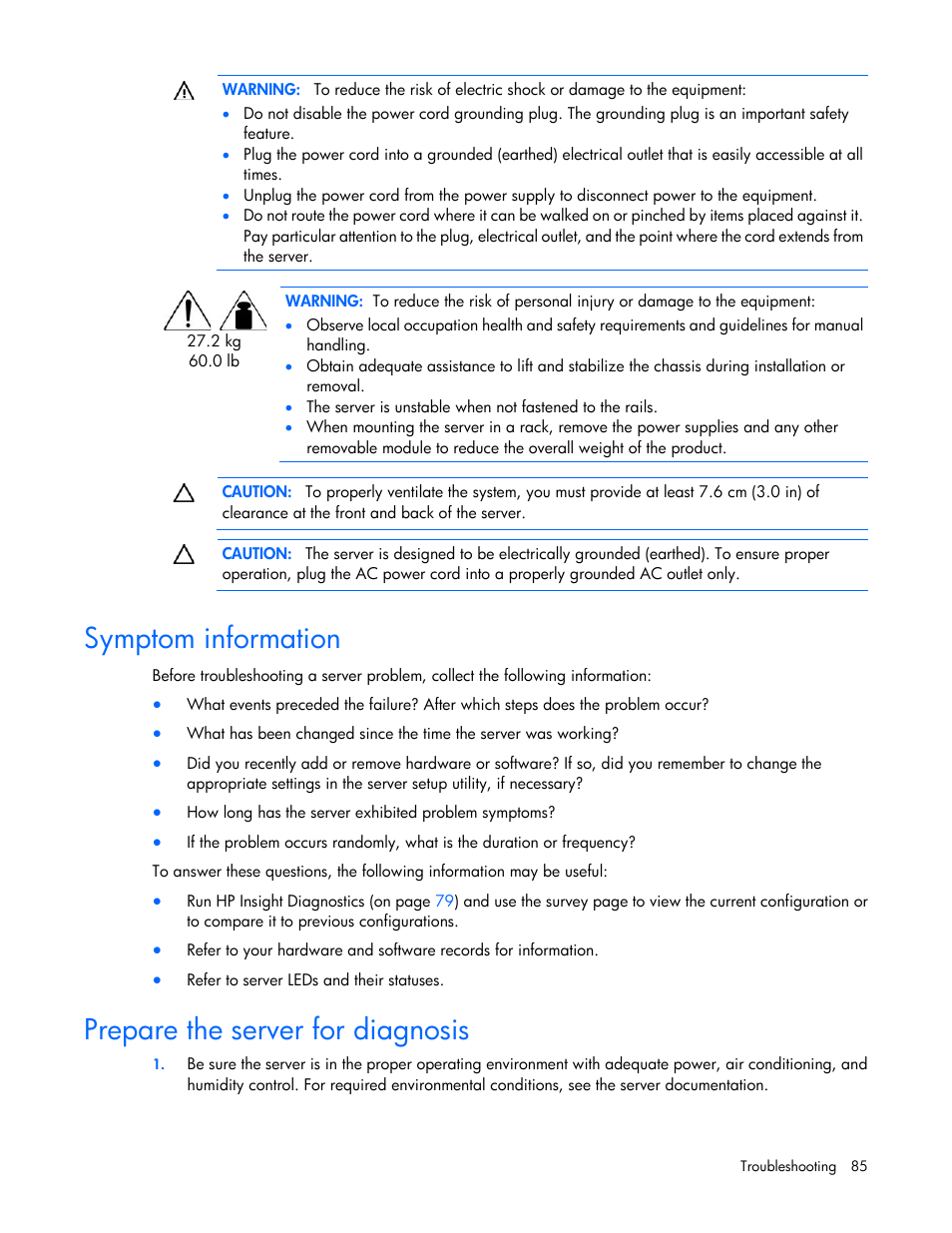 Symptom information, Prepare the server for diagnosis | HP DL380 G7 User Manual | Page 85 / 126