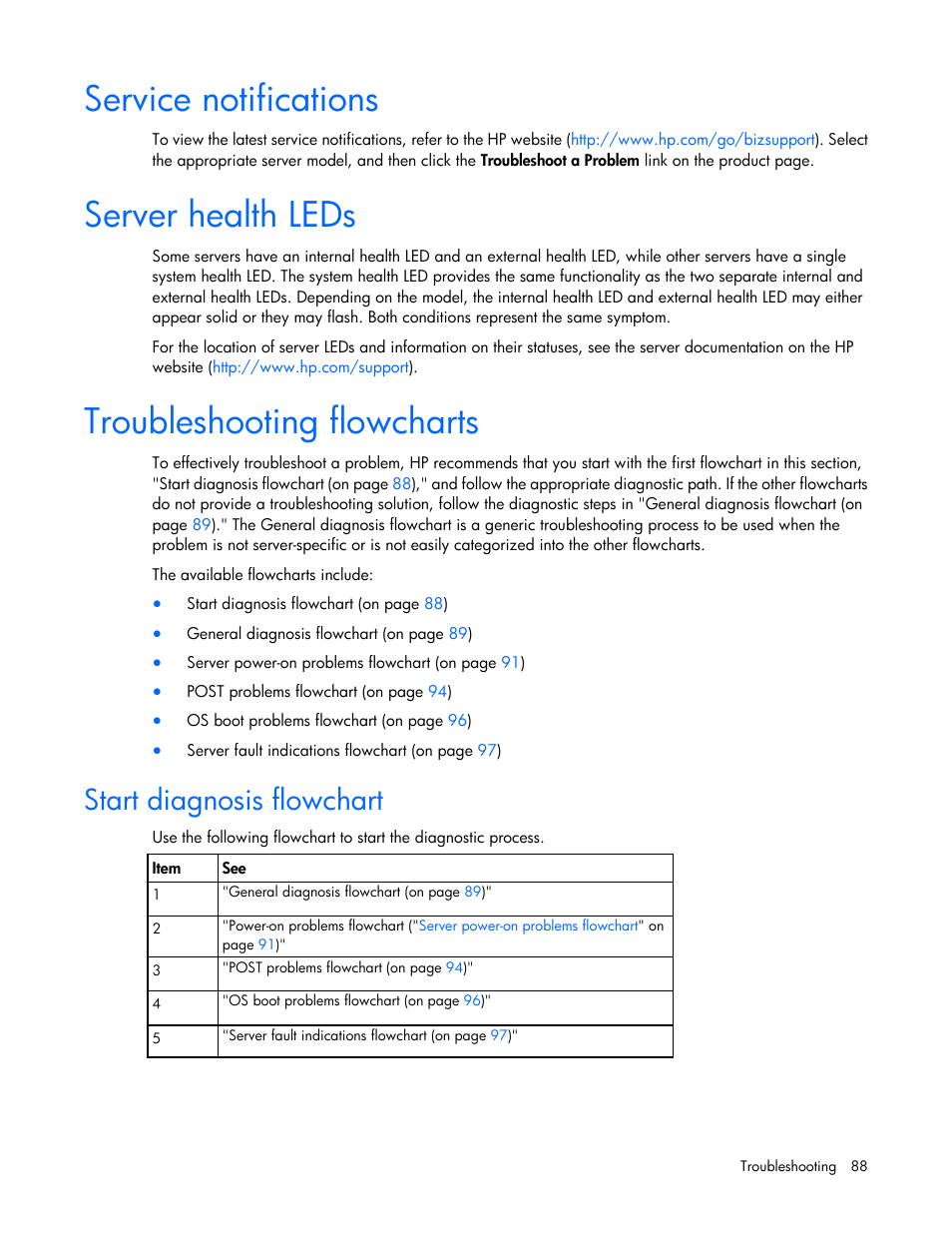 Service notifications, Server health leds, Troubleshooting flowcharts | Start diagnosis flowchart | HP DL380 G7 User Manual | Page 88 / 126