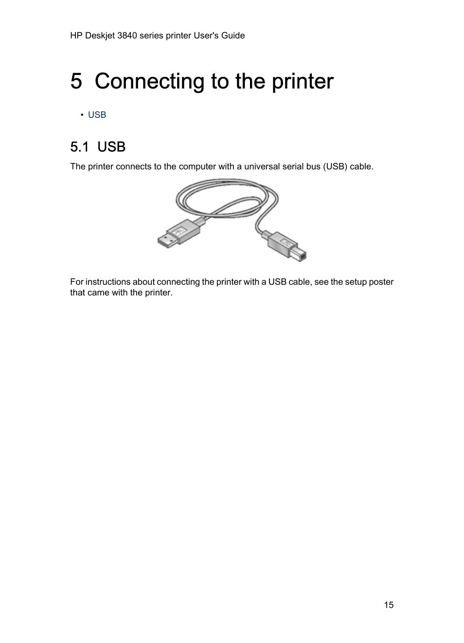 5 connecting to the printer, 1 usb, Connecting to the printer | HP 3840 User Manual | Page 15 / 95