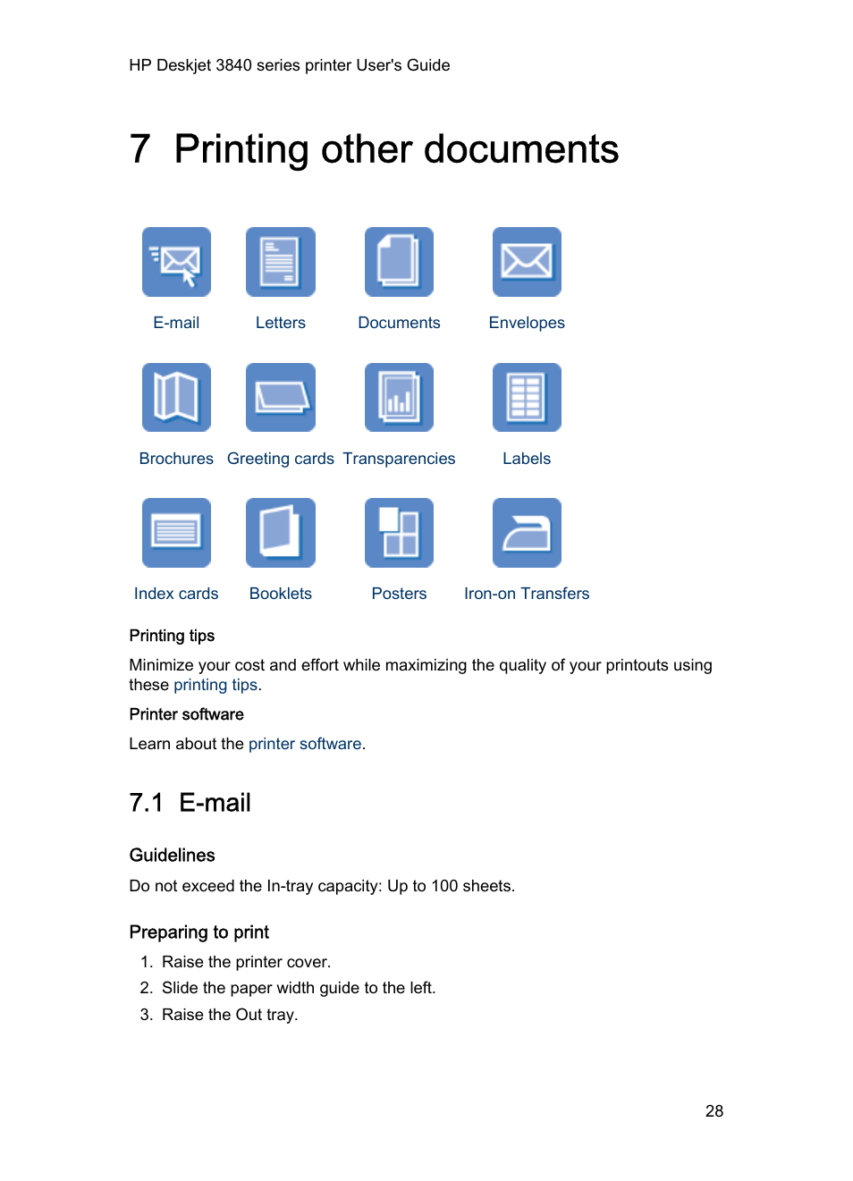 7 printing other documents, 1 e-mail, Guidelines | Preparing to print, Printing other documents | HP 3840 User Manual | Page 28 / 95