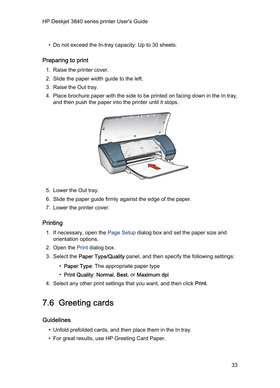 Preparing to print, Printing, 6 greeting cards | Guidelines, Greeting cards | HP 3840 User Manual | Page 33 / 95