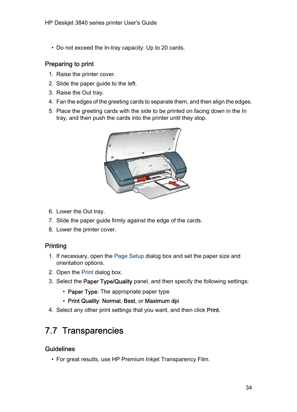 Preparing to print, Printing, 7 transparencies | Guidelines, Transparencies | HP 3840 User Manual | Page 34 / 95