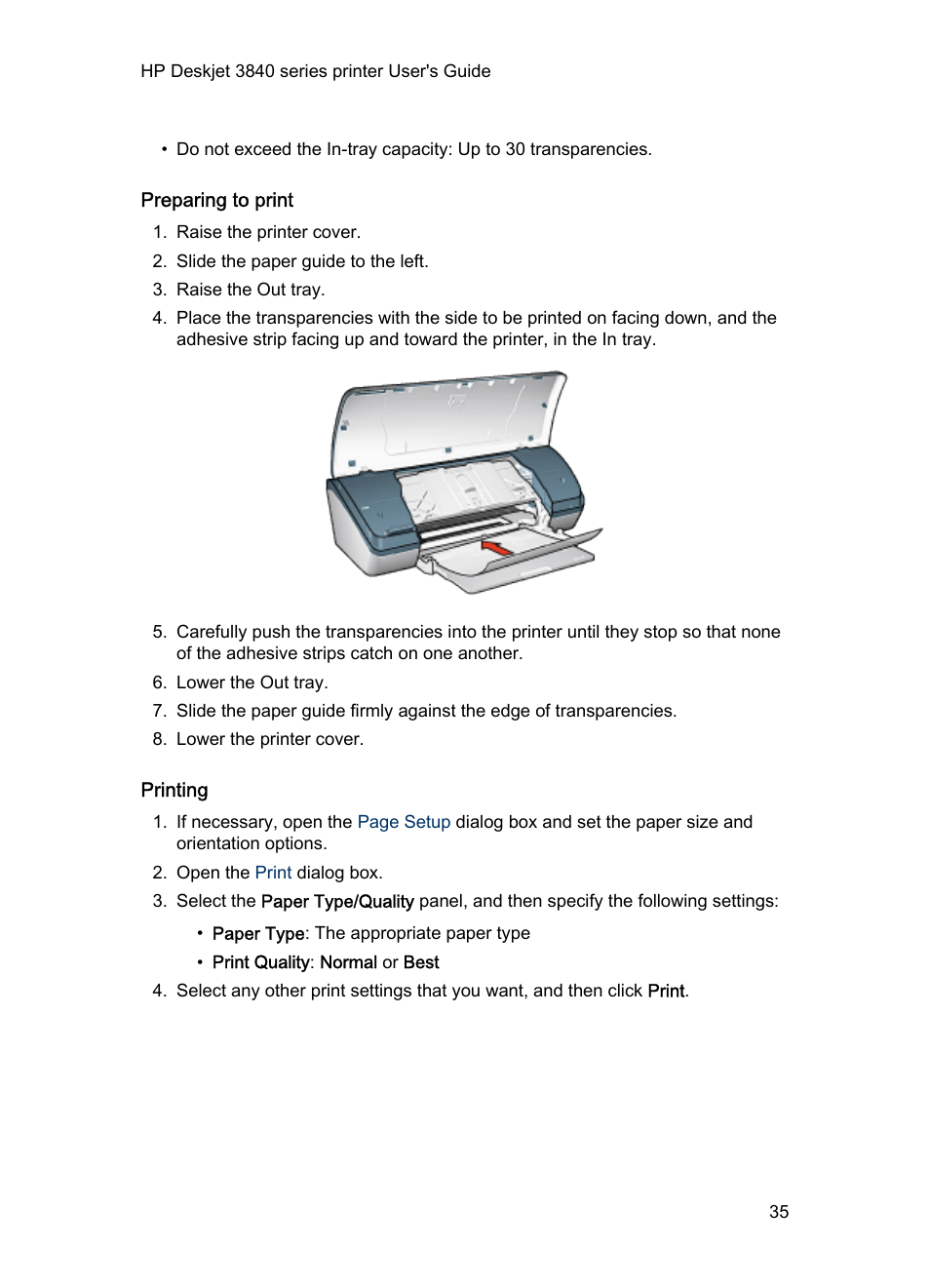 Preparing to print, Printing | HP 3840 User Manual | Page 35 / 95