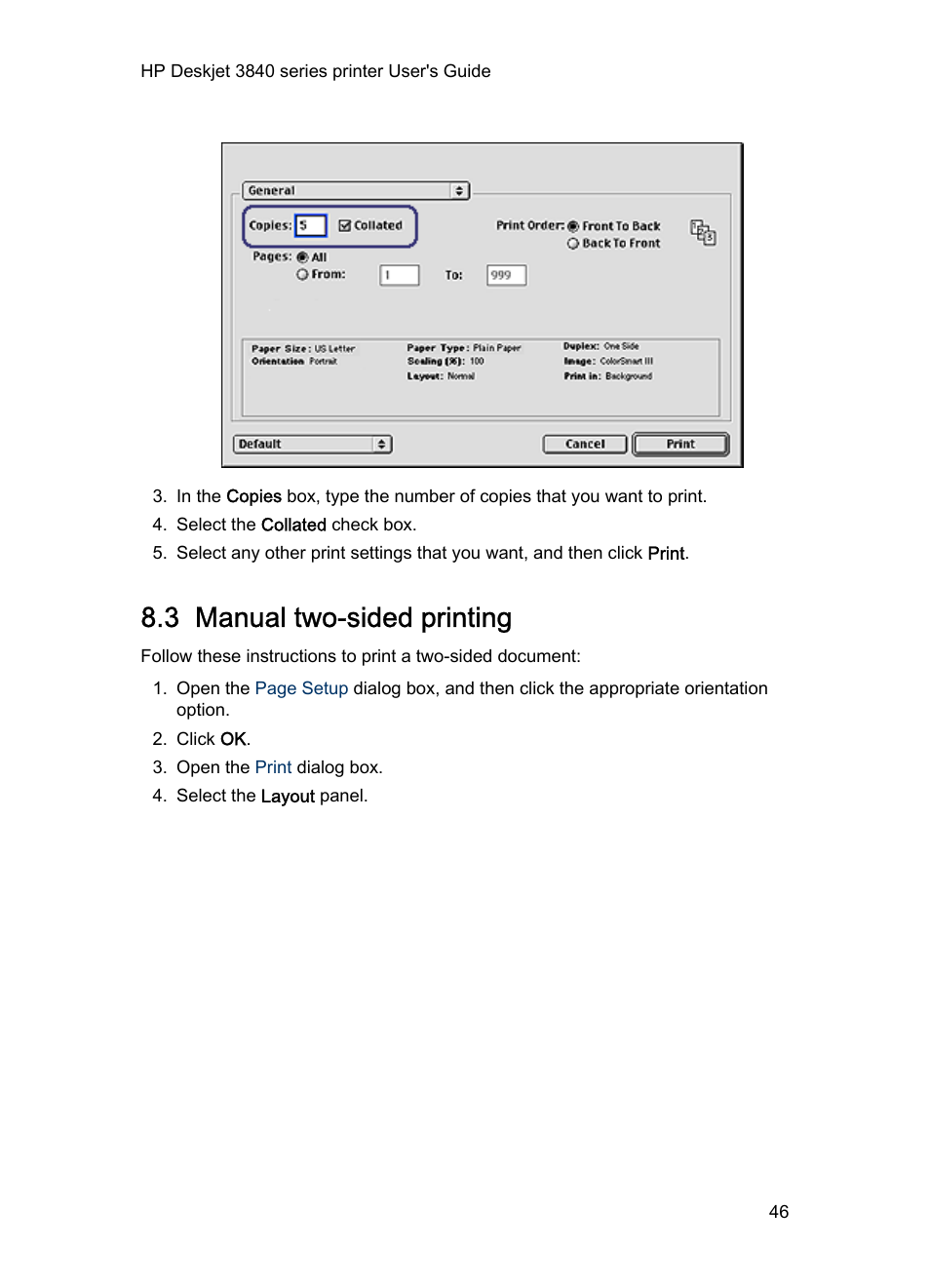 3 manual two-sided printing, Print a, Two-sided document | HP 3840 User Manual | Page 46 / 95