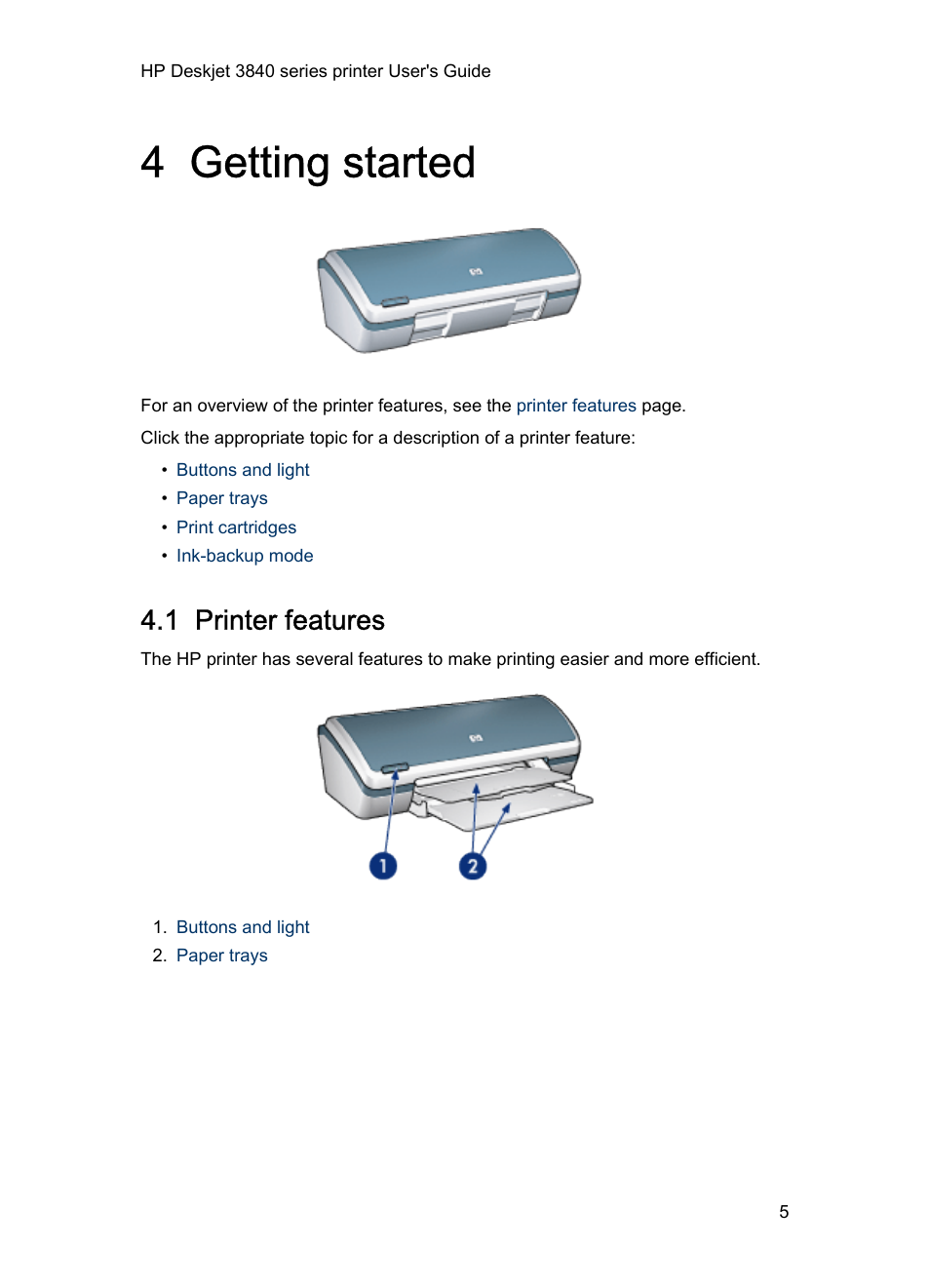 4 getting started, 1 printer features, Getting started | HP 3840 User Manual | Page 5 / 95