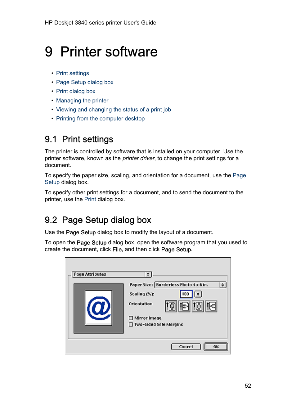 9 printer software, 1 print settings, Printer software | Print, Dialog box, and then select the following settings, Learn about the, Dialog box and set the paper size and, 2 page setup dialog box | HP 3840 User Manual | Page 52 / 95