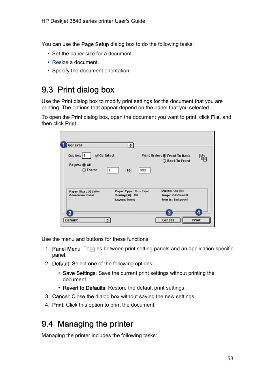 3 print dialog box, 4 managing the printer, Print | Print dialog box, Managing the printer, Dialog box | HP 3840 User Manual | Page 53 / 95