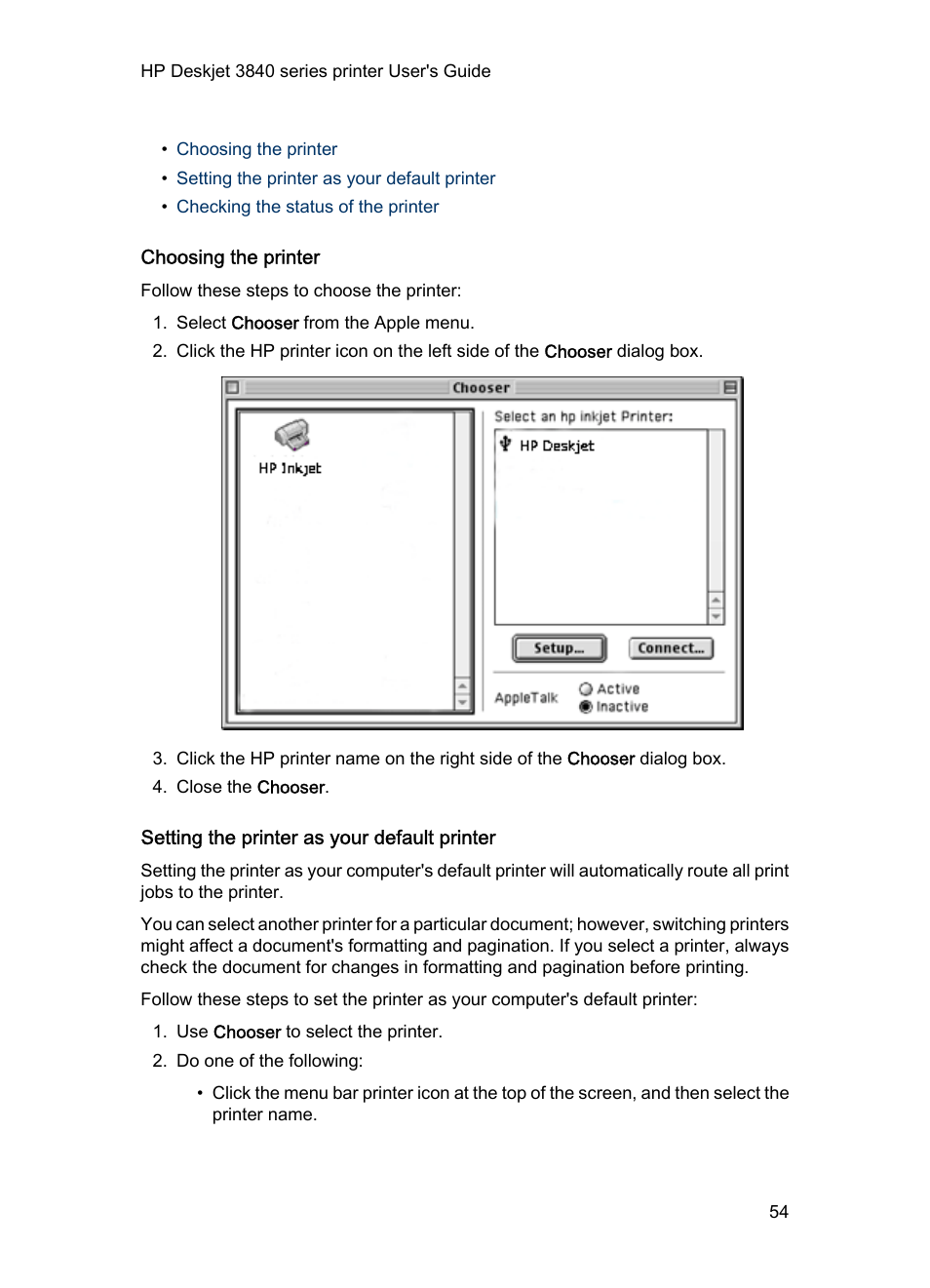 Choosing the printer, Setting the printer as your default printer | HP 3840 User Manual | Page 54 / 95