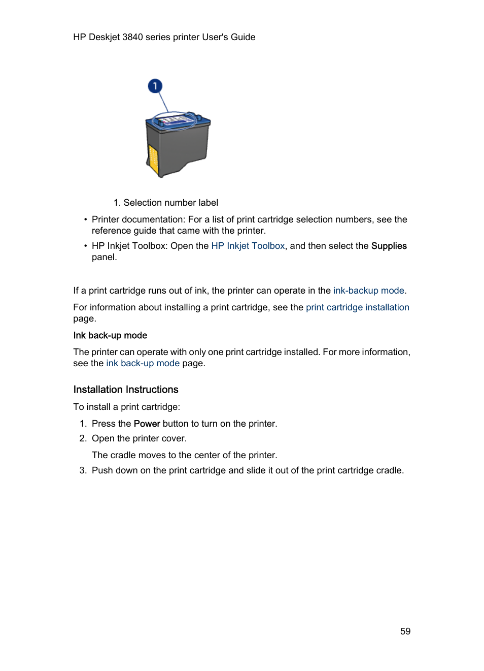Ink back-up mode, Installation instructions | HP 3840 User Manual | Page 59 / 95