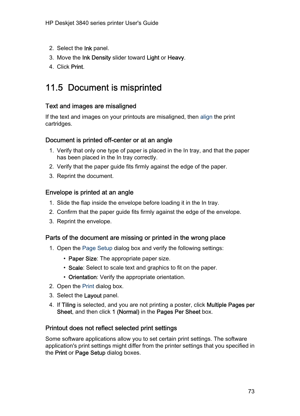 5 document is misprinted, Text and images are misaligned, Document is printed off-center or at an angle | Envelope is printed at an angle, Printout does not reflect selected print settings, Document is misprinted | HP 3840 User Manual | Page 73 / 95