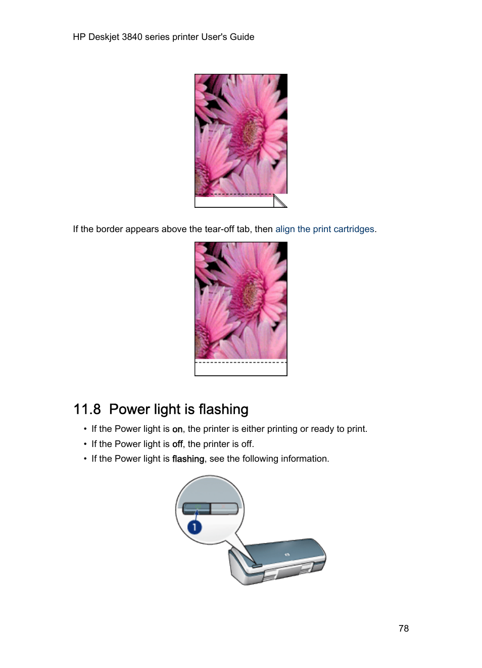 8 power light is flashing, A problem might, Exist | Printer lights are on or flashing | HP 3840 User Manual | Page 78 / 95