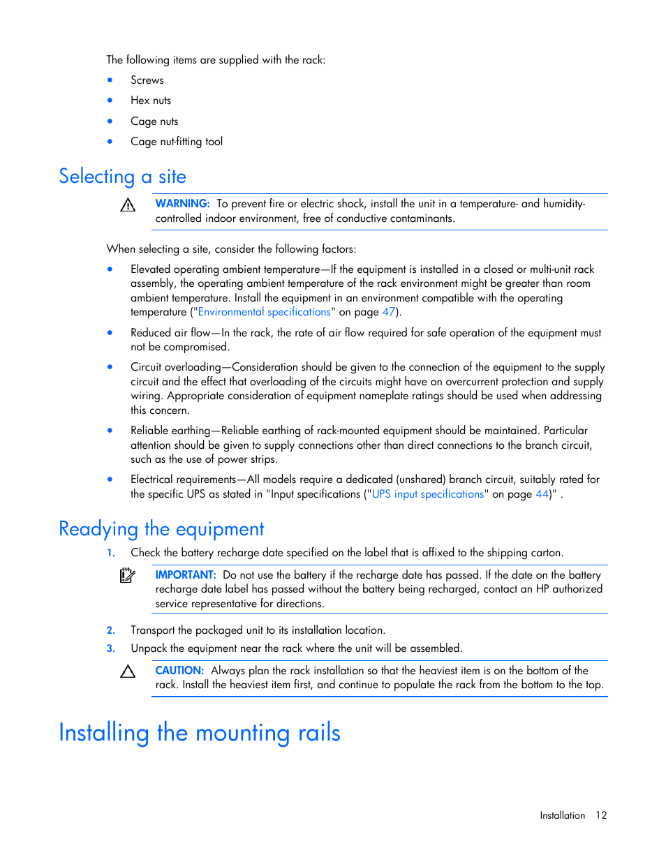 Selecting a site, Readying the equipment, Installing the mounting rails | For i | HP R5500 User Manual | Page 12 / 61