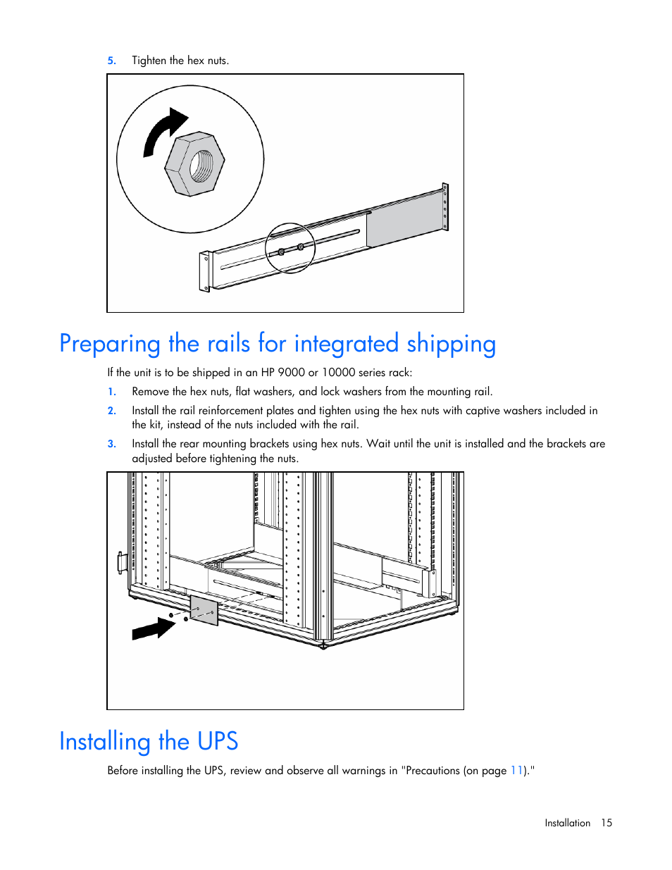 Preparing the rails for integrated shipping, Installing the ups | HP R5500 User Manual | Page 15 / 61