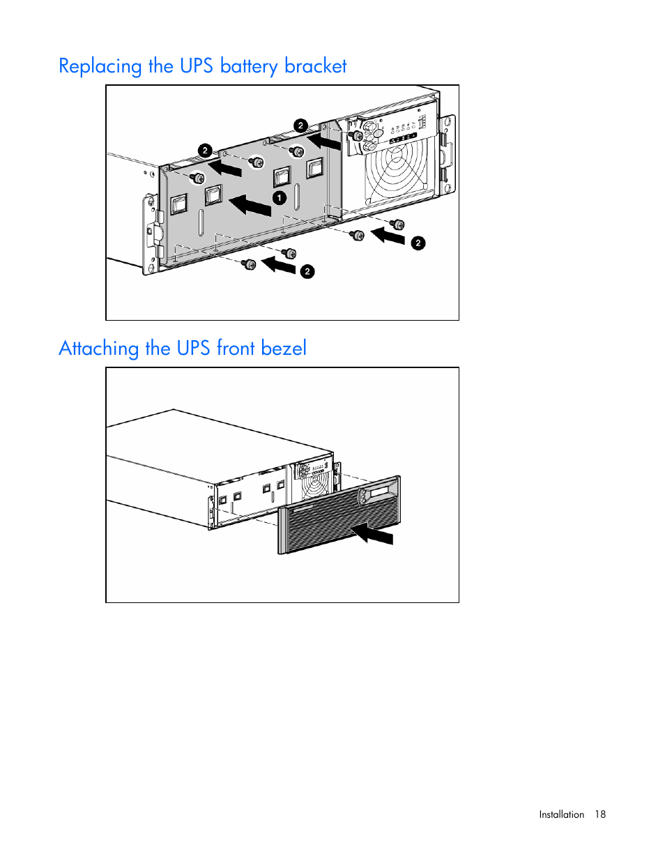 Replacing the ups battery bracket, Attaching the ups front bezel | HP R5500 User Manual | Page 18 / 61