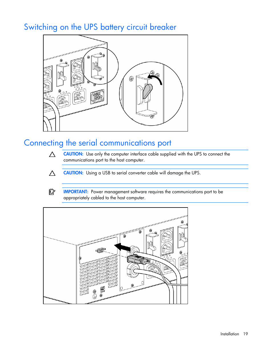 Switching on the ups battery circuit breaker, Connecting the serial communications port | HP R5500 User Manual | Page 19 / 61