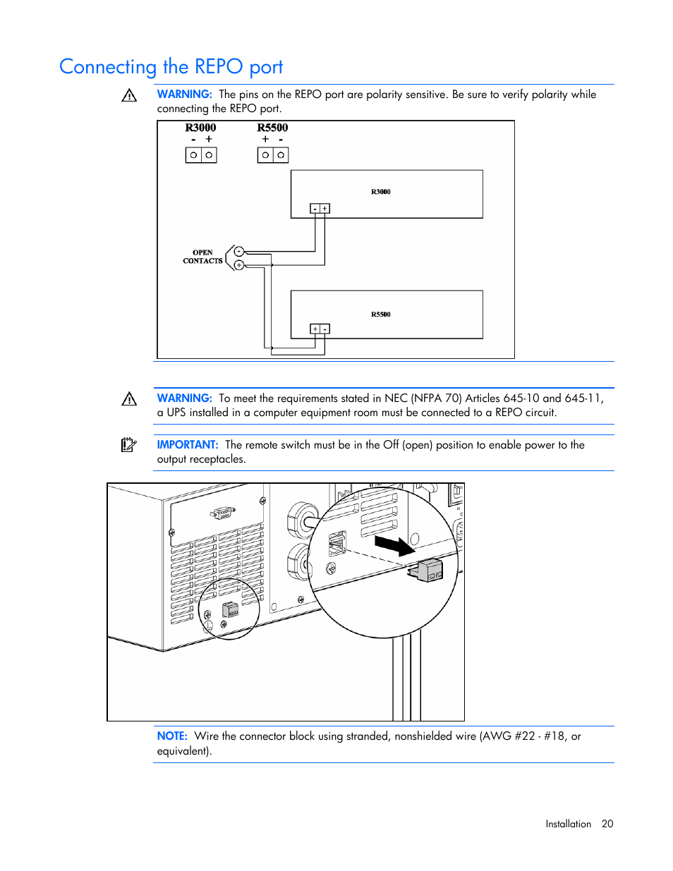 Connecting the repo port | HP R5500 User Manual | Page 20 / 61