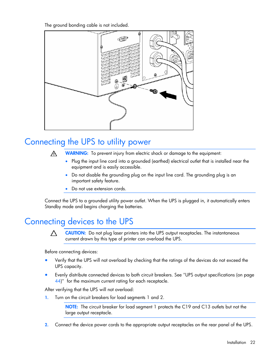 Connecting the ups to utility power, Connecting devices to the ups | HP R5500 User Manual | Page 22 / 61