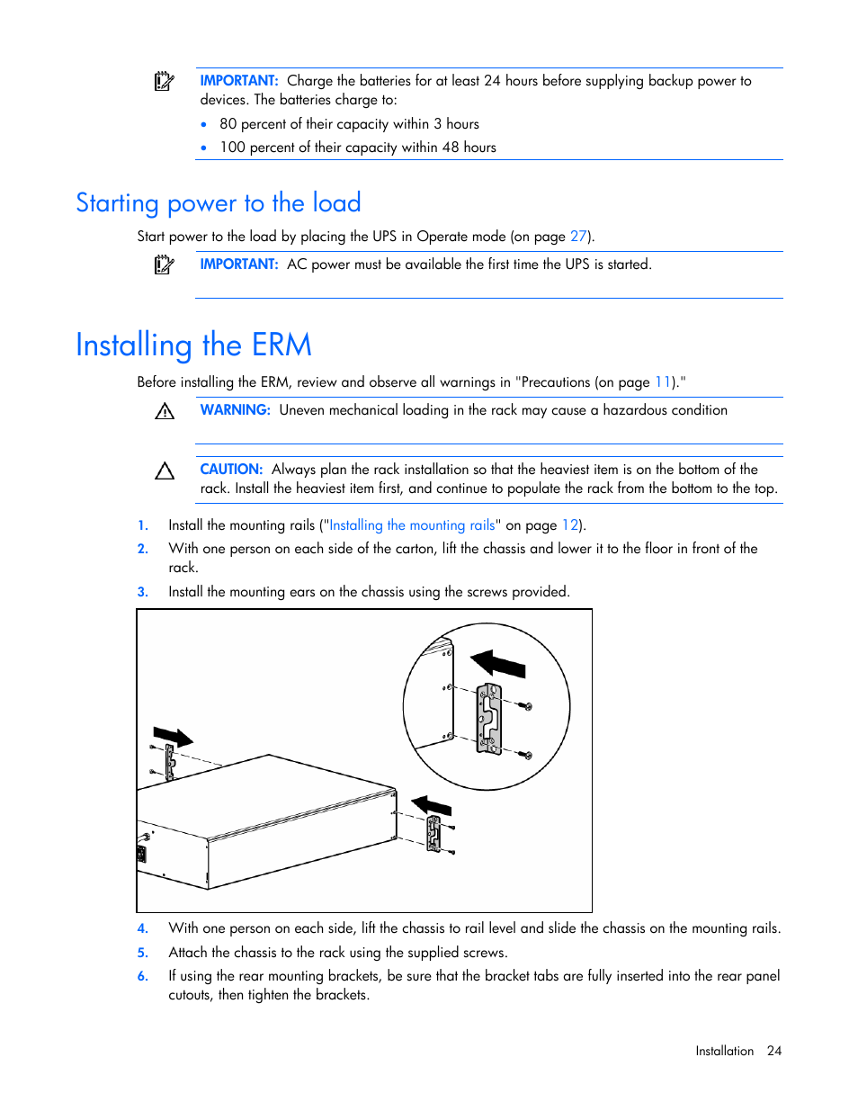 Starting power to the load, Installing the erm, Starting power to the | Load | HP R5500 User Manual | Page 24 / 61