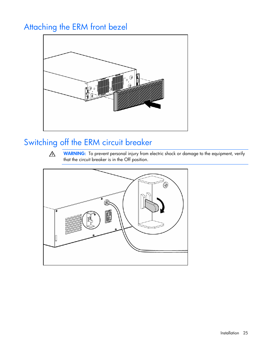 Attaching the erm front bezel, Switching off the erm circuit breaker | HP R5500 User Manual | Page 25 / 61