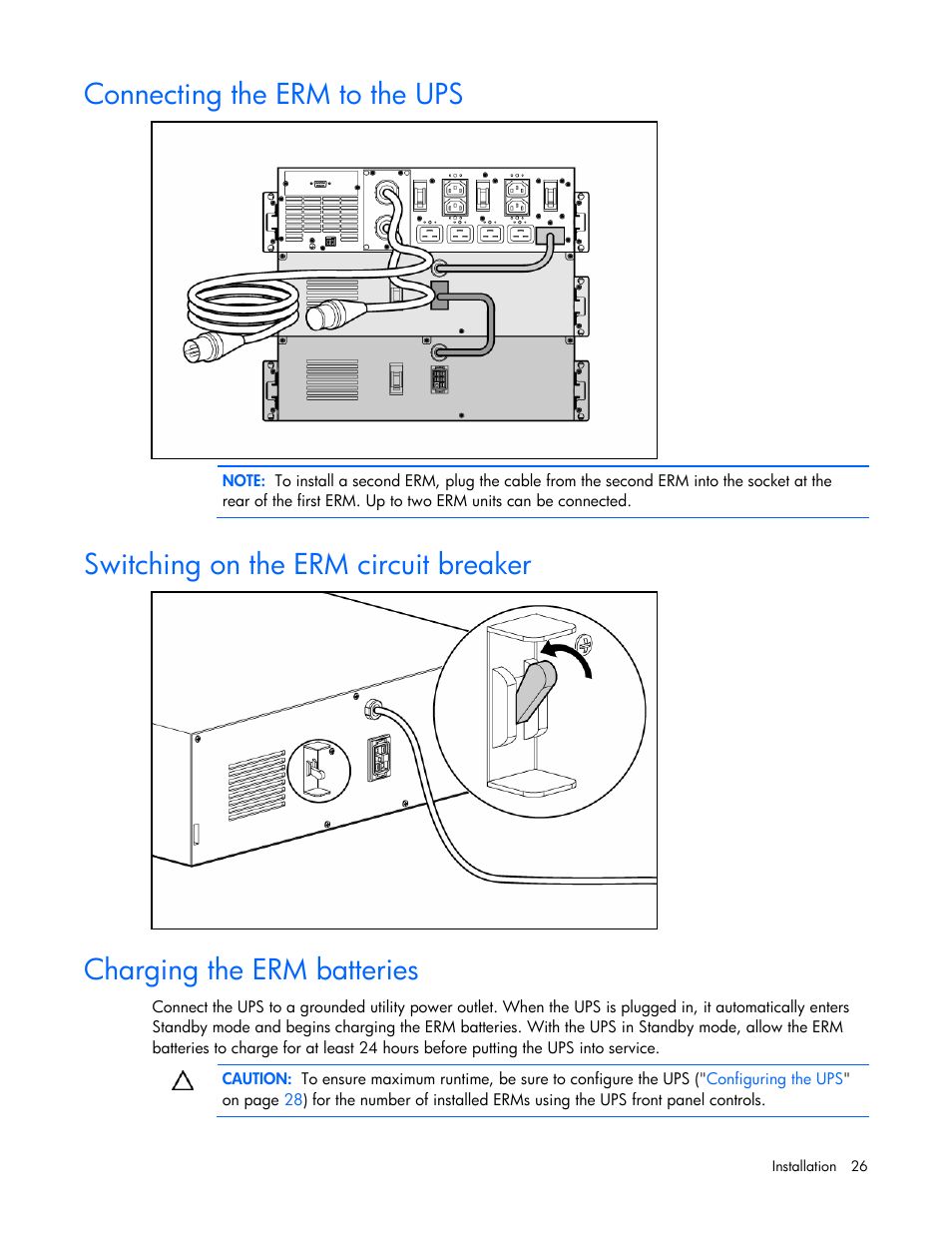 Connecting the erm to the ups, Switching on the erm circuit breaker, Charging the erm batteries | HP R5500 User Manual | Page 26 / 61