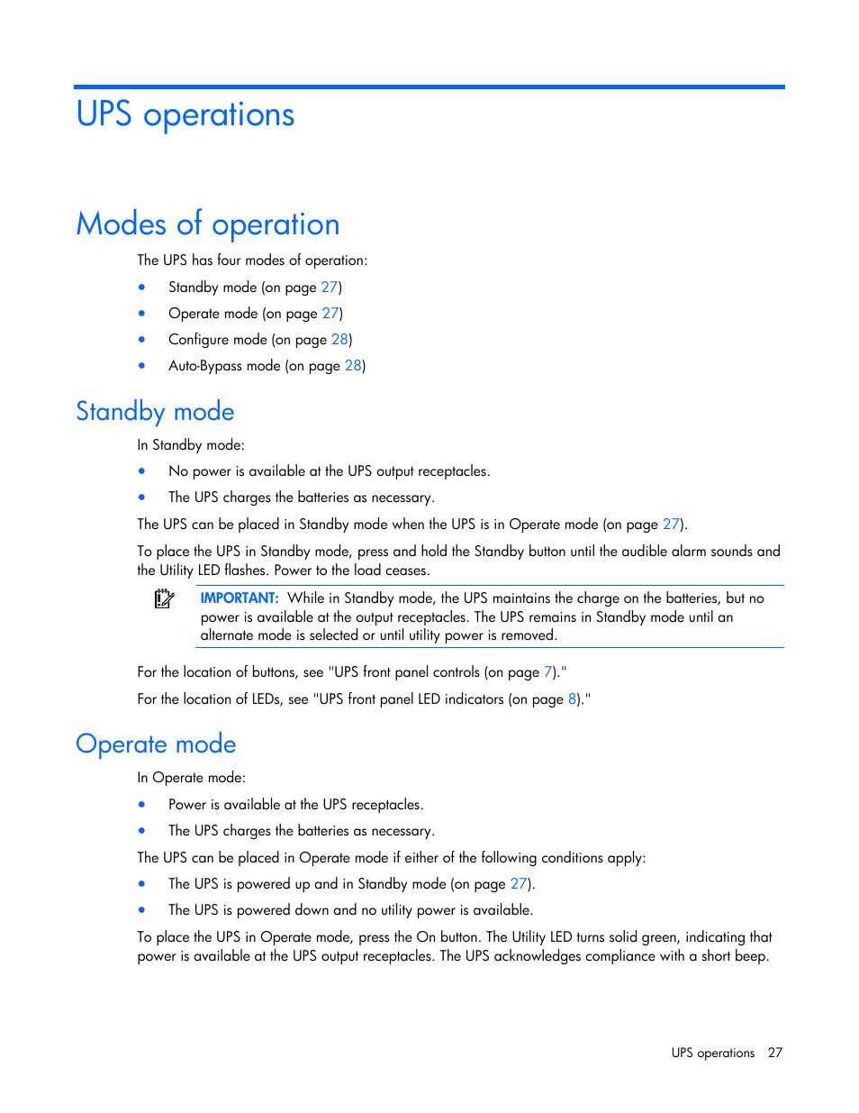 Ups operations, Modes of operation, Standby mode | Operate mode | HP R5500 User Manual | Page 27 / 61